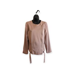 Lara Fashion Women Long Sleeve Zipper Front Blouse Beige Size M